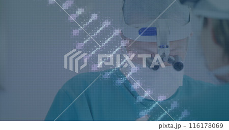Image of rotating dna over caucasian male surgeon in face mask during operation Image of rotating dna over caucasian male surgeon in face mask during operation 116178069