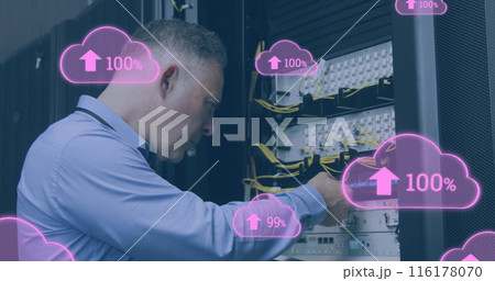 Image of clouds with increasing numbers over caucasian man working in server room Image of clouds with increasing numbers over caucasian man working in server room 116178070