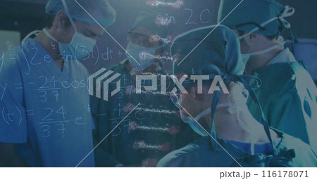 Image of rotating dna over caucasian female and male surgeons in face masks during operation Image of rotating dna over caucasian female and male surgeons in face masks during operation 116178071