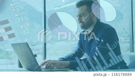 Image of data processing over caucasian businessman using laptop Image of data processing over caucasian businessman using laptop 116178089
