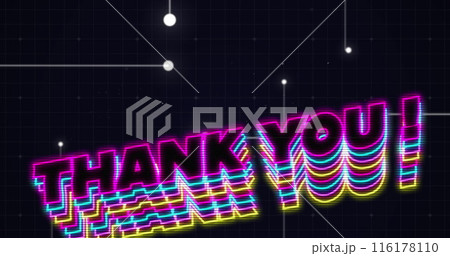 Neon thank you text banner with shadow effect against network of connections on blue background 116178110