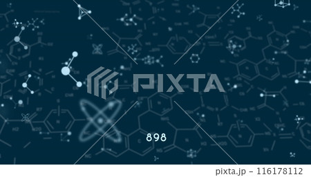 Image of molecules and chemical formula on black background 116178112