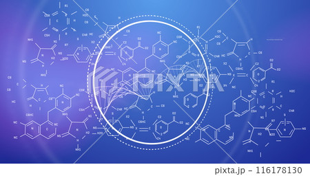 Image of data processing and chemical formula on blue background Image of data processing and chemical formula on blue background 116178130