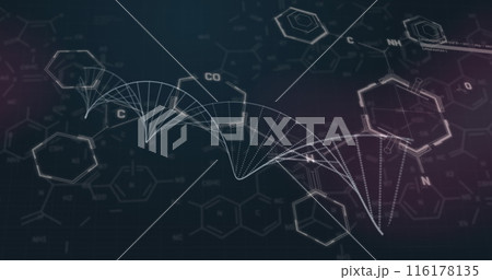 Image of dna strand and data processing over chemical formula on black background Image of dna strand and data processing over chemical formula on black background 116178135