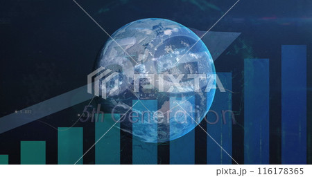 Image of globe financial data processing over globe spinning and arrows 116178365
