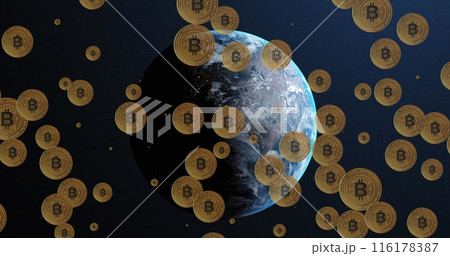 Image of falling bitcoins over spinning globe Image of falling bitcoins over spinning globe 116178387