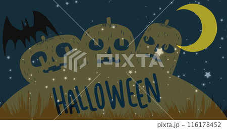 Image of halloween text over moon and pumpkins 116178452