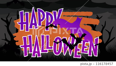 Image of happy halloween text over trees Image of happy halloween text over trees 116178457