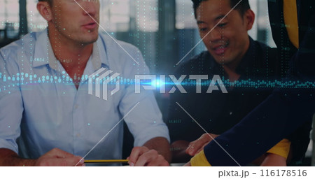 Image of caucasian woman using smartphone over cityscape 116178516