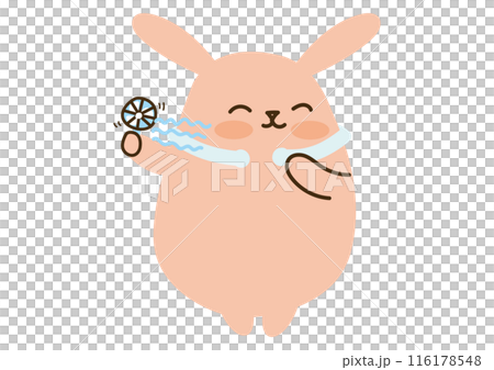 笑顔でネッククーラーとハンディファンをするうさぎ 116178548
