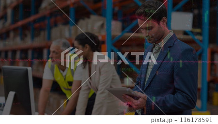 Image of data processing over people working in warehouse Image of data processing over people working in warehouse 116178591