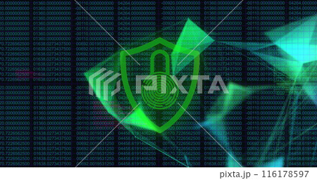 Image of security padlock icon and plexus network against binary coding on blue background Image of security padlock icon and plexus network against binary coding on blue background 116178597