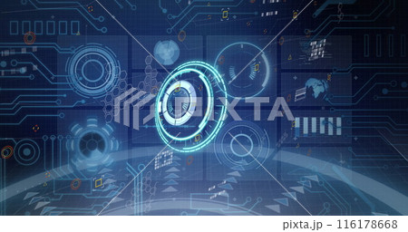 Image of processing circles and data on digital screens on navy background Image of processing circles and data on digital screens on navy background 116178668