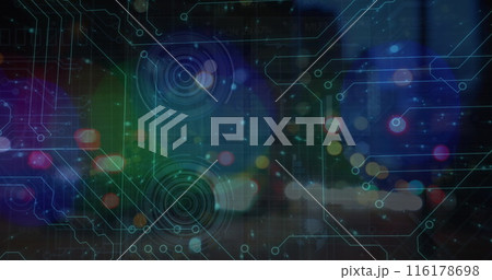 Image of processing circles and digital padlock over blurred night traffic 116178698
