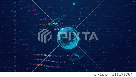 Image of digital dots connecting with lines and forming globe against programming language Image of digital dots connecting with lines and forming globe against programming language 116178764