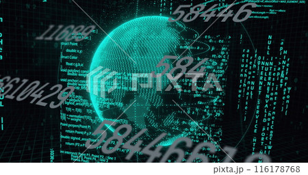 Image of numbers, data and globe on black background Image of numbers, data and globe on black background 116178768