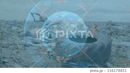 Image of globe with statistics and data processing over bulldozer in wasteland 116178851