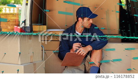 Image of financial data processing and globe over caucasian delivery man by boxes 116178852