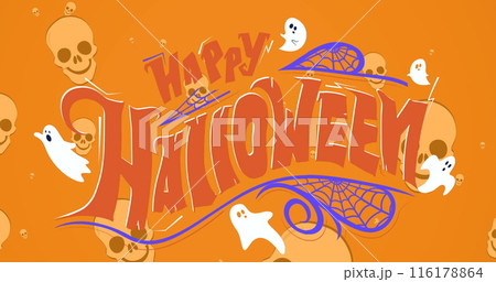 Halloween-themed illustration showing ghosts, skulls, and cobwebs 116178864