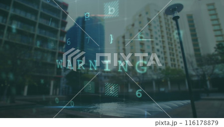 Image of scanning and numbers over blurred cityscape 116178879