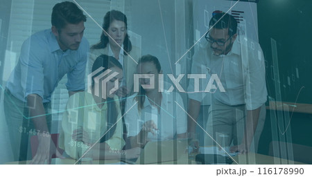 Image of data processing over diverse business people working in office 116178990
