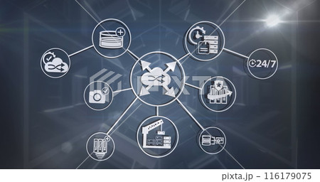 Image of multiple icons in circles connected with lines moving in tunnel Image of multiple icons in circles connected with lines moving in tunnel 116179075