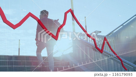 Image of financial data processing with red line over asian businessman walking up stairs 116179093