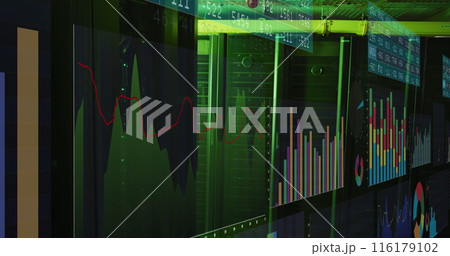 Image of screens with statistical data processing against computer server room 116179102