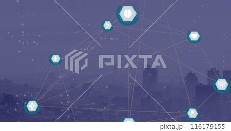 Image of network of digital icons and dots pattern against aerial view of cityscape Image of network of digital icons and dots pattern against aerial view of cityscape 116179155