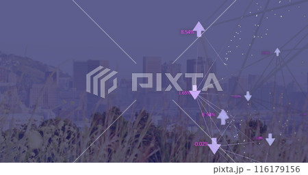 Image of globe of digital icons and dots pattern against view of cityscape 116179156