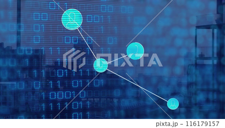 Image of network of profile icons and binary coding against aerial view of cityscape 116179157