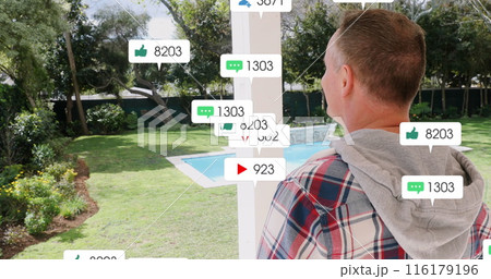 Image of social media icons floating over caucasian man standing on the porch at the house Image of social media icons floating over caucasian man standing on the porch at the house 116179196