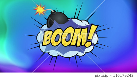 Image of boom text on retro speech bubble and patterned background 116179242