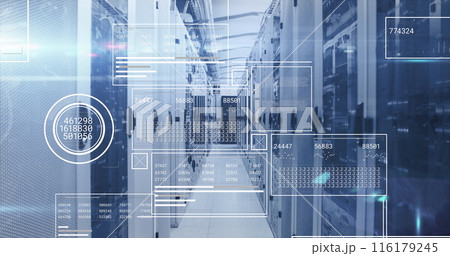 Image of interfaces with data processing and mosaic squares against computer server room 116179245