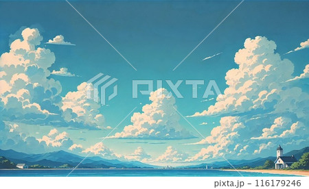 入道雲が浮かぶ夏の海 116179246