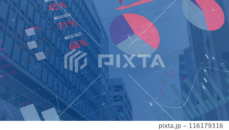 Image of financial data processing over cityscape 116179316