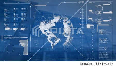 Image of interface with data processing over globe against low angle view of tall building Image of interface with data processing over globe against low angle view of tall building 116179317