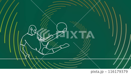 Image of drawing of male soccer player kicking ball and shapes on green background Image of drawing of male soccer player kicking ball and shapes on green background 116179379