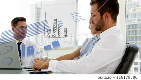 Image of statistical data processing over diverse businesspeople discussing at office Image of statistical data processing over diverse businesspeople discussing at office 116179386