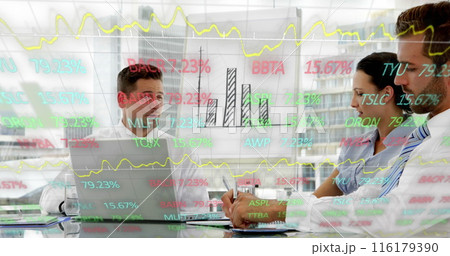 Image of trading board and graphs over diverse coworkers discussing reports in office 116179390
