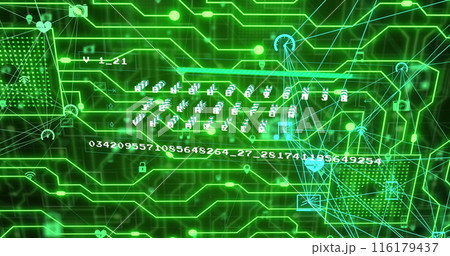 Image of globes of digital icons, data processing and green glowing microprocessor connections Image of globes of digital icons, data processing and green glowing microprocessor connections 116179437