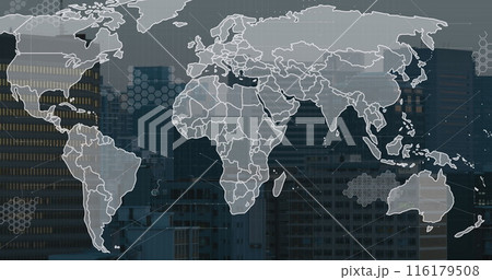 Image of world map and data processing against aerial view of cityscape 116179508