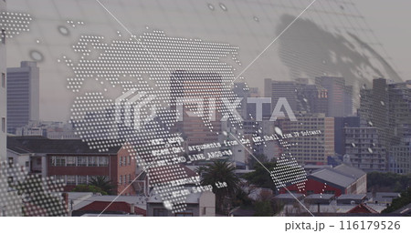 Image of data processing and world map over cityscape Image of data processing and world map over cityscape 116179526