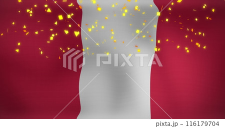 Image of falling confetti over waving flag of peru in background Image of falling confetti over waving flag of peru in background 116179704