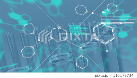 Image of chemical structures and data processing over test tubes against blue background 116179734