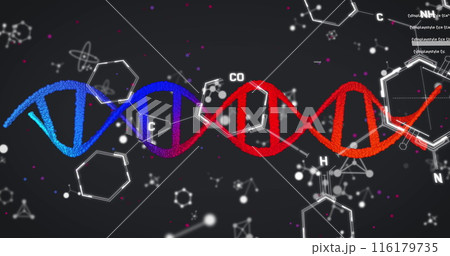 Image of dna, molecular and chemical structures against black background 116179735