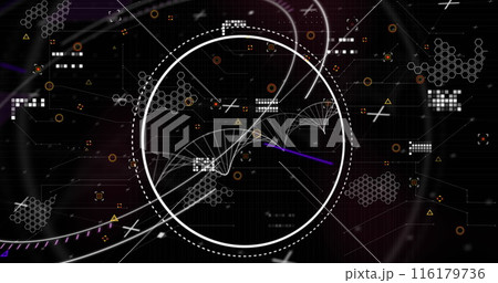 Image of dna structure over round scanner against purple spots on black background 116179736