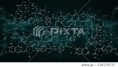 Image of chemical structures over blue digital wave against black background 116179737