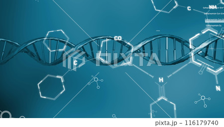 Image of dna, molecular and chemical structures against blue background Image of dna, molecular and chemical structures against blue background 116179740