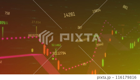 Image of changing numbers and financial data processing on orange gradient background Image of changing numbers and financial data processing on orange gradient background 116179816